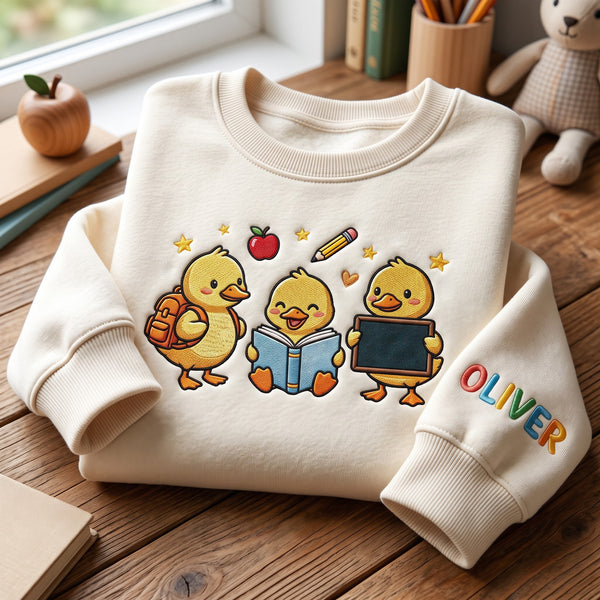 Personalized to School Three Ducks Backpack Book Chalkboard Stars Apple Pencil embroidered sweatshirt — front view