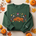 Personalized Halloween Three Skeleton Cats Witch Hat Pumpkins Fall Leaves Moon Stars embroidered sweatshirt — front view