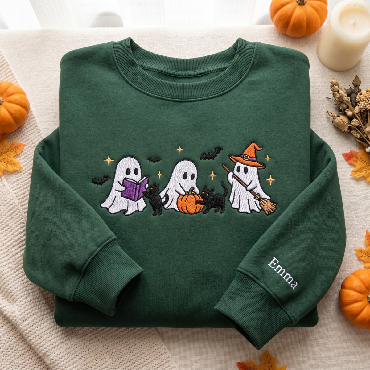 Personalized Halloween Three Ghosts Black Cats Pumpkin Witch Hat Broom Stars Bats embroidered sweatshirt — front view