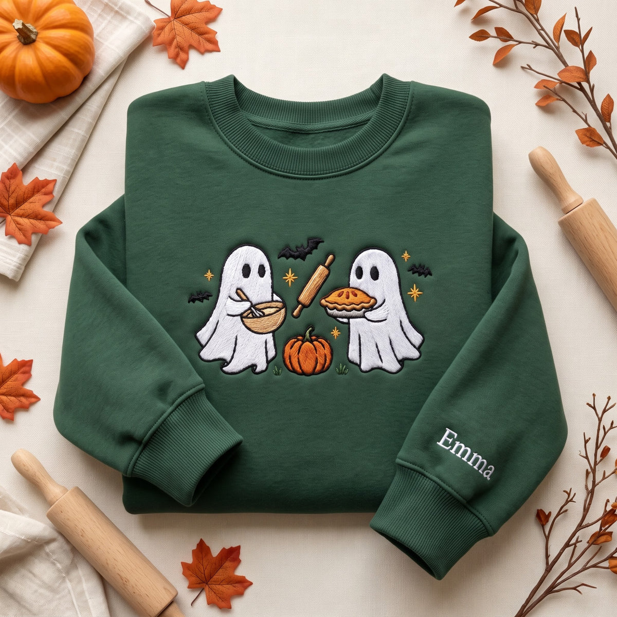 Personalized Halloween Two Ghosts Baking Pumpkin Pie Rolling Pin Bats Stars embroidered sweatshirt — front view