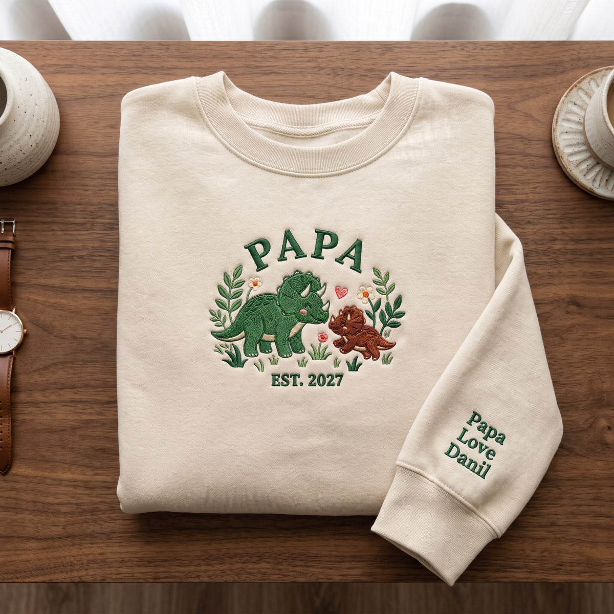 Personalized Papa Dinosaur Triceratops Baby Dino Floral EST Year Sleeve Name embroidered sweatshirt — front view