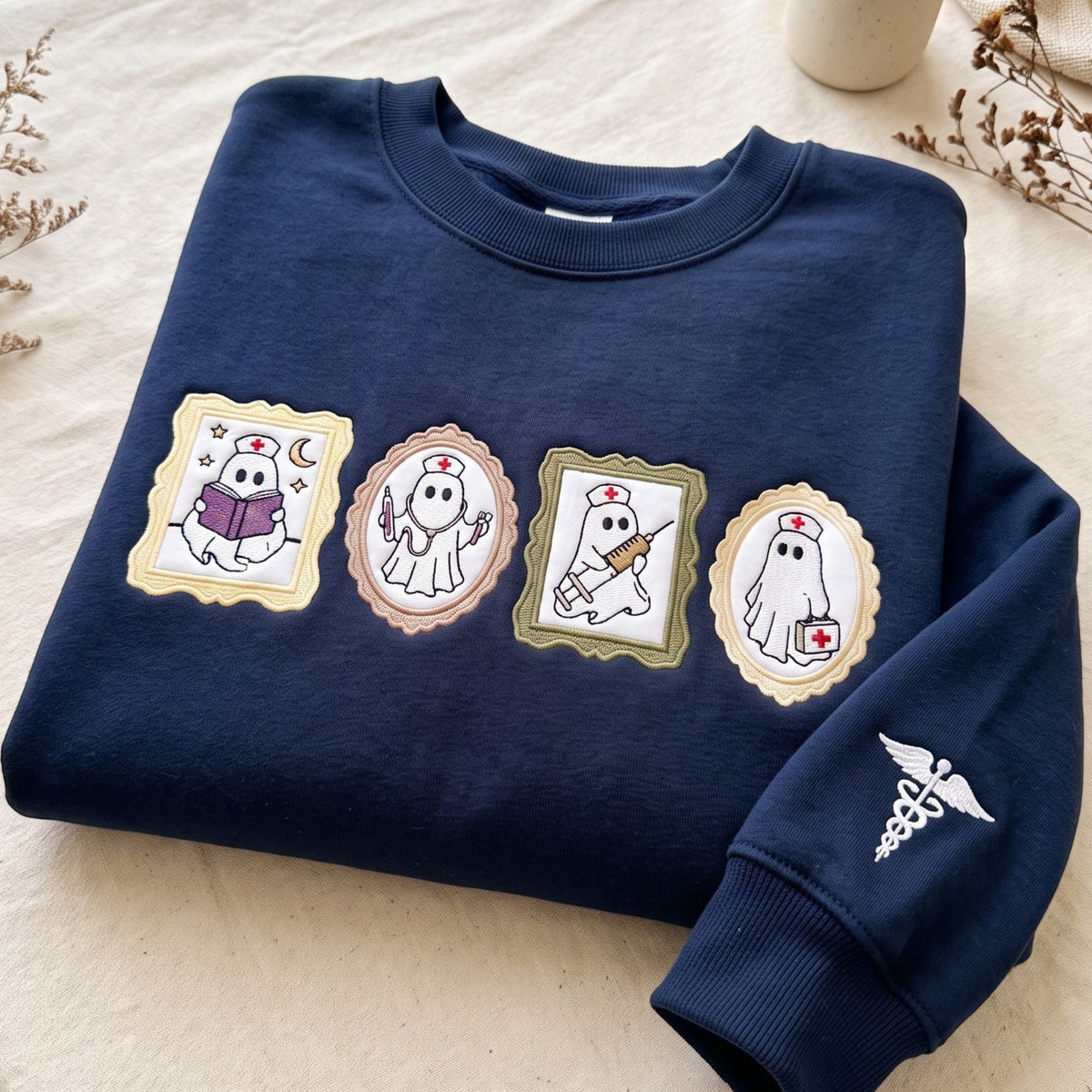 Halloween Ghost Nurse Four Framed Portraits Caduceus Sleeve embroidered sweatshirt — front view