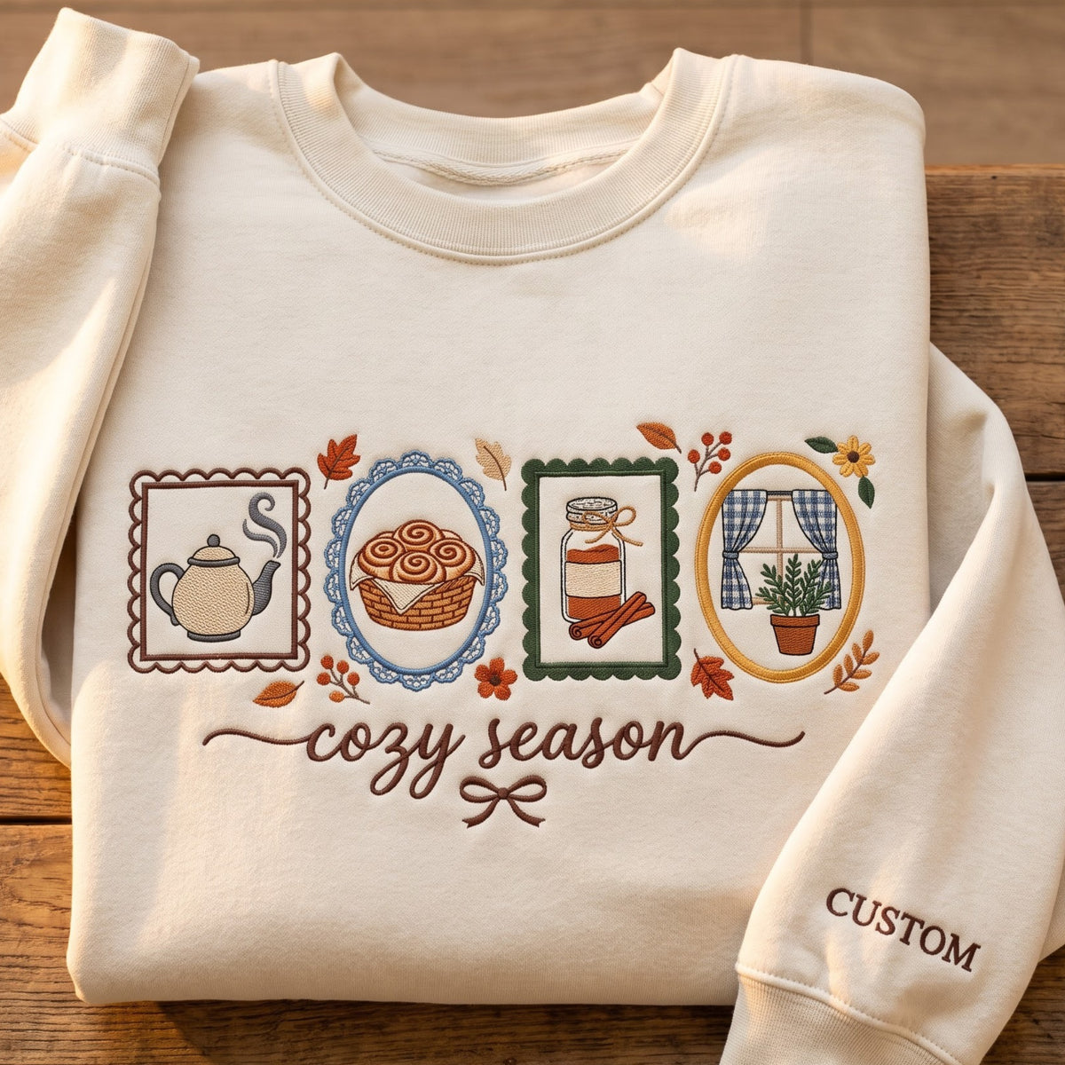 Personalized Cozy Season Teapot Cinnamon Rolls Jar Window Fall Frames embroidered sweatshirt — front view