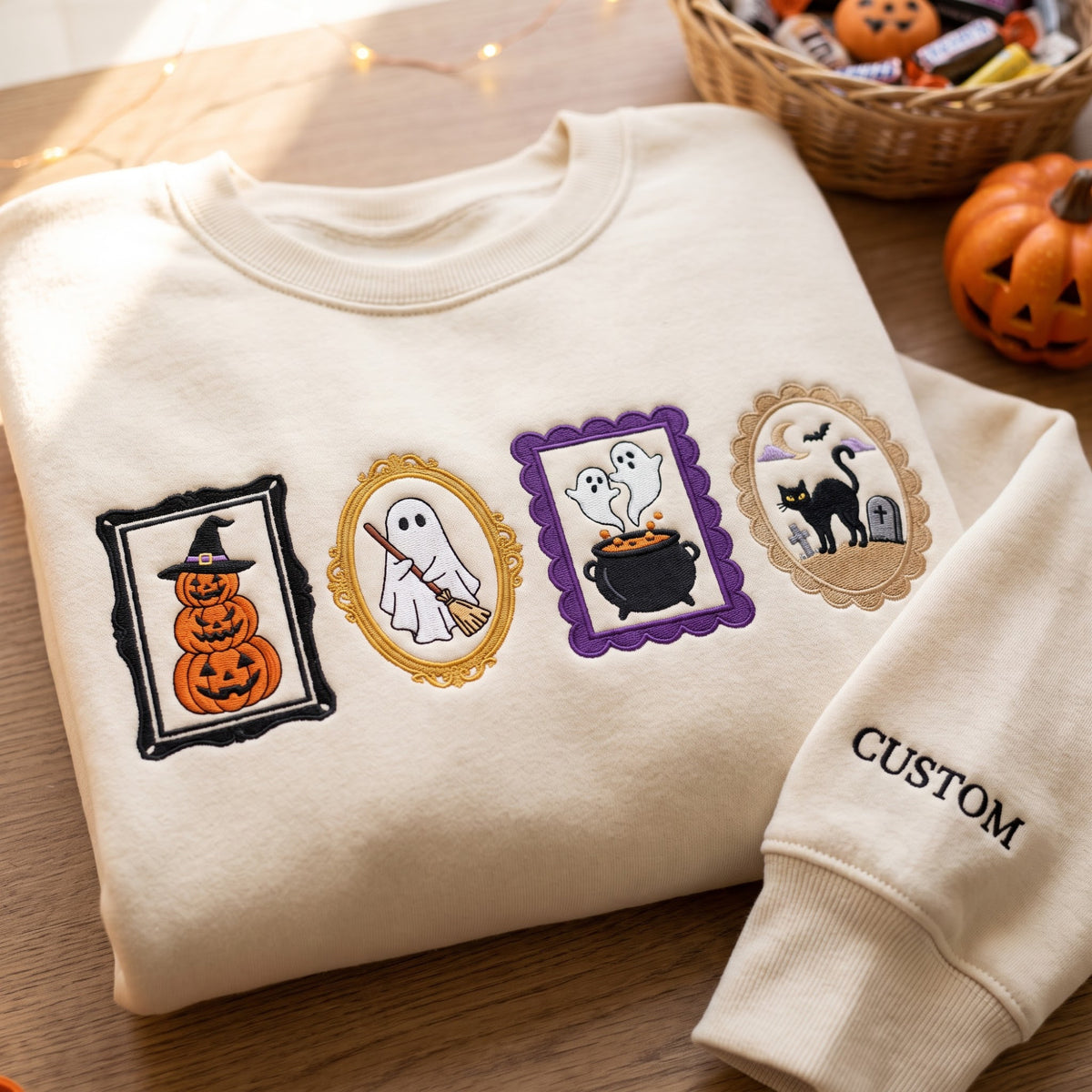 Personalized Halloween Framed Pumpkin Ghost Cauldron Black Cat Portraits embroidered sweatshirt — front view