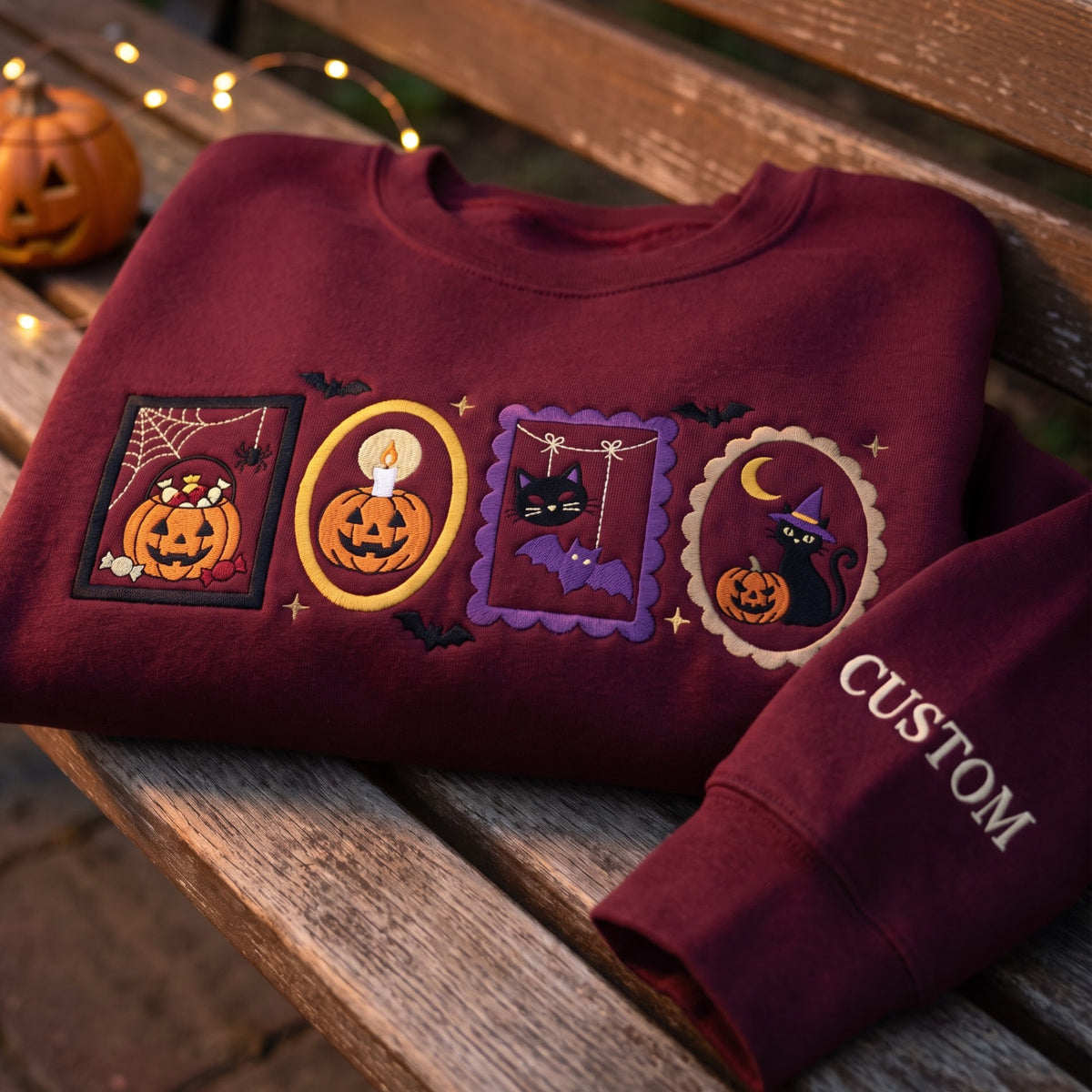 Personalized Halloween Framed Pumpkin Candy Black Cat Witch Hat Bat Portraits embroidered sweatshirt — front view
