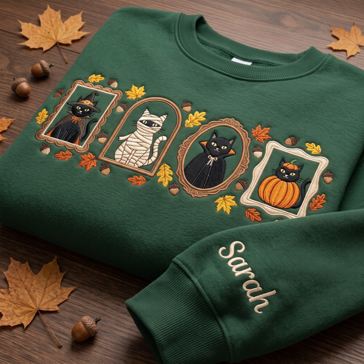 Personalized Halloween Cats Portrait Frames Witch Mummy Vampire Pumpkin Fall Leaves embroidered sweatshirt — front view