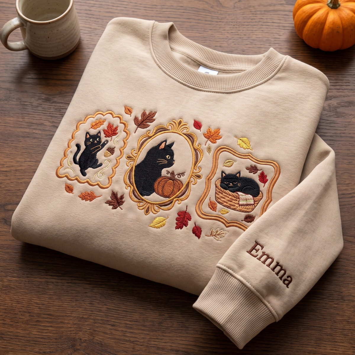 Personalized Black Cats Autumn Portrait Frames Acorn Pumpkin Basket Fall Leaves Sleeve Name embroidered sweatshirt — front view