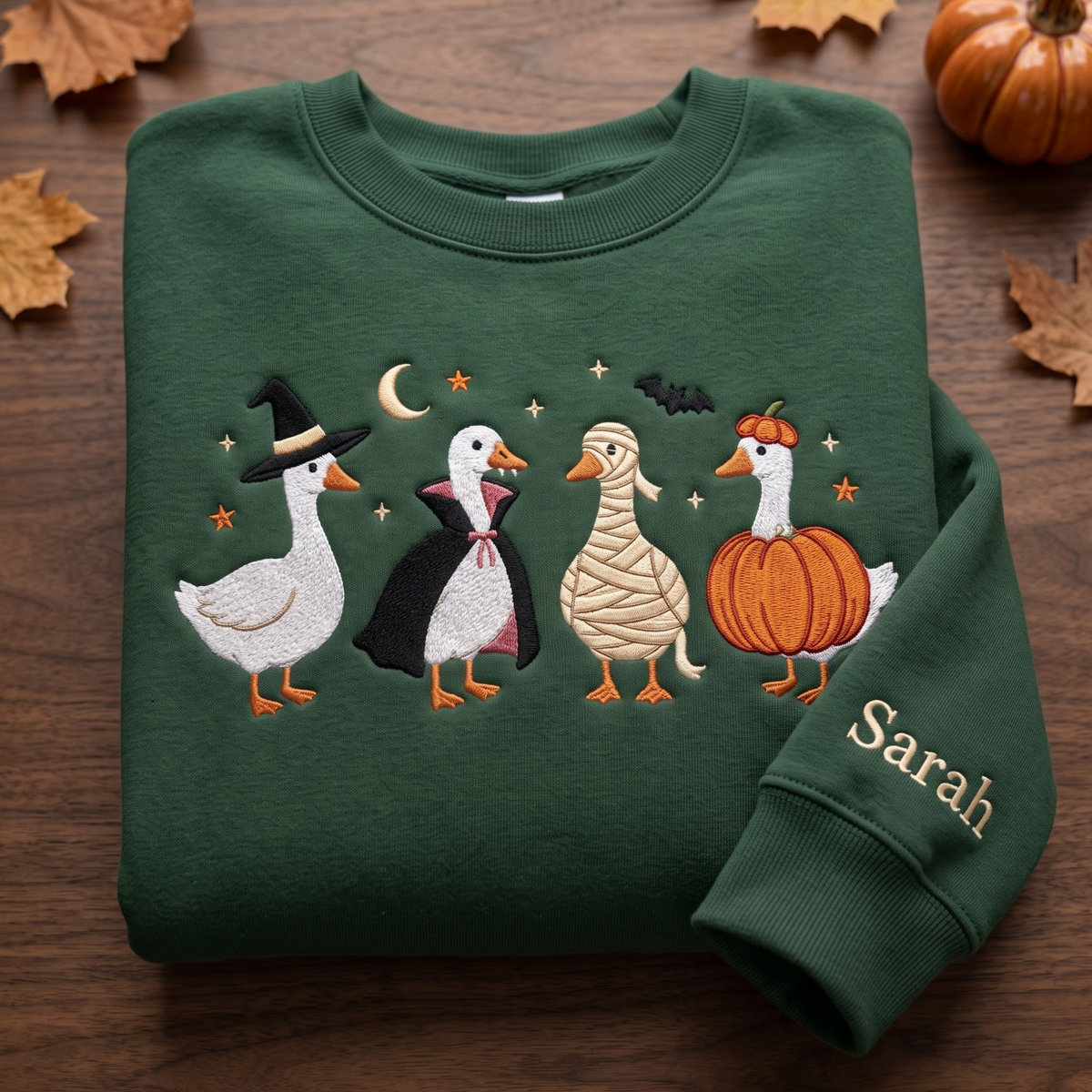 Personalized Halloween Geese Four Costumes Witch Vampire Mummy Pumpkin embroidered sweatshirt — front view