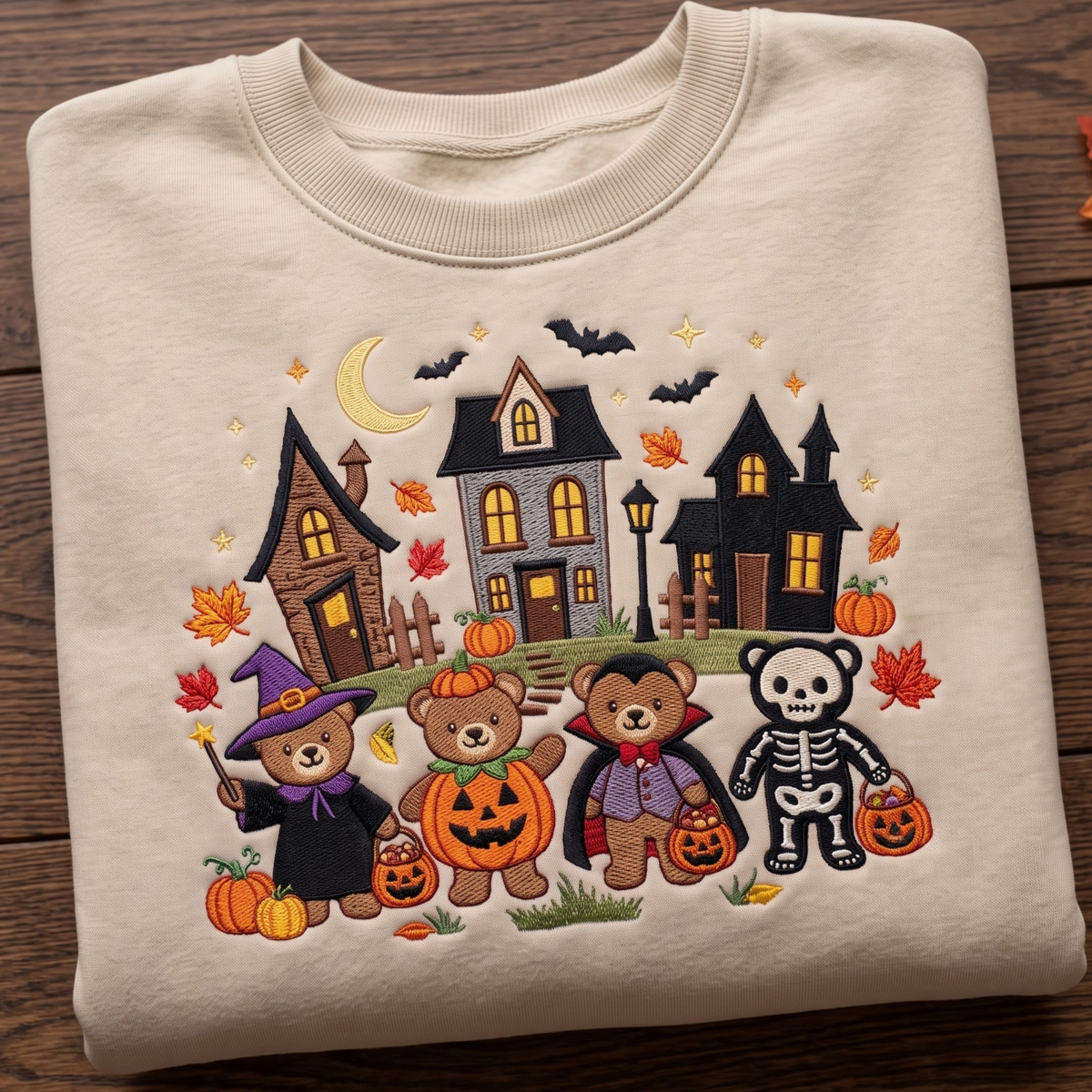 Halloween Teddy Bears Trick or Treat Witch Pumpkin Vampire Skeleton Haunted House embroidered sweatshirt — front view