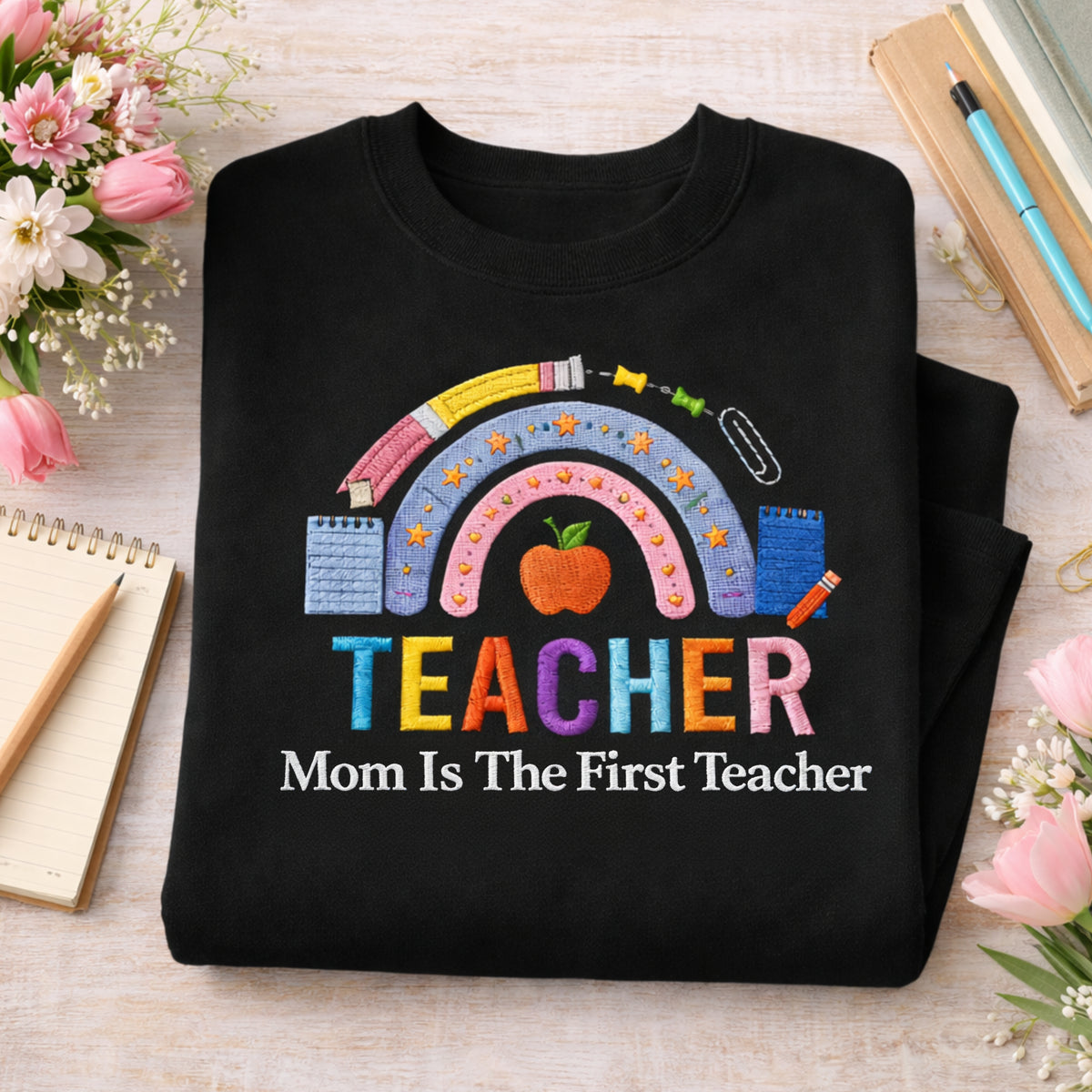 Teacher Mom Is the First Teacher Rainbow Apple School Supplies embroidered sweatshirt — front view
