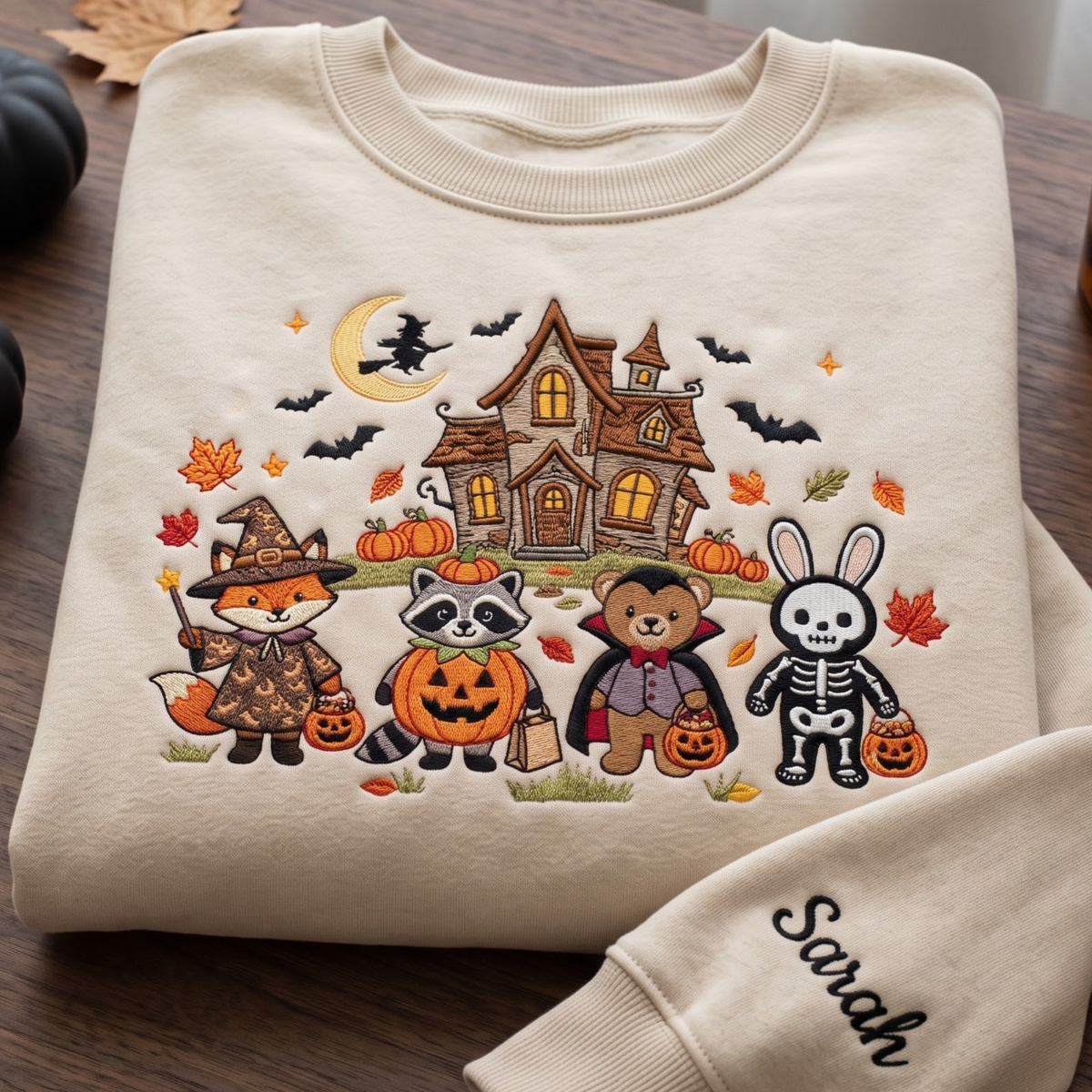 Personalized Halloween Animals Trick or Treat Haunted House Fox Raccoon Bear Bunny embroidered sweatshirt — front view