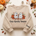 Personalized Halloween Two Ghosts Pumpkin Picnic Autumn Leaves Cozy Spooky Season embroidered sweatshirt — front view