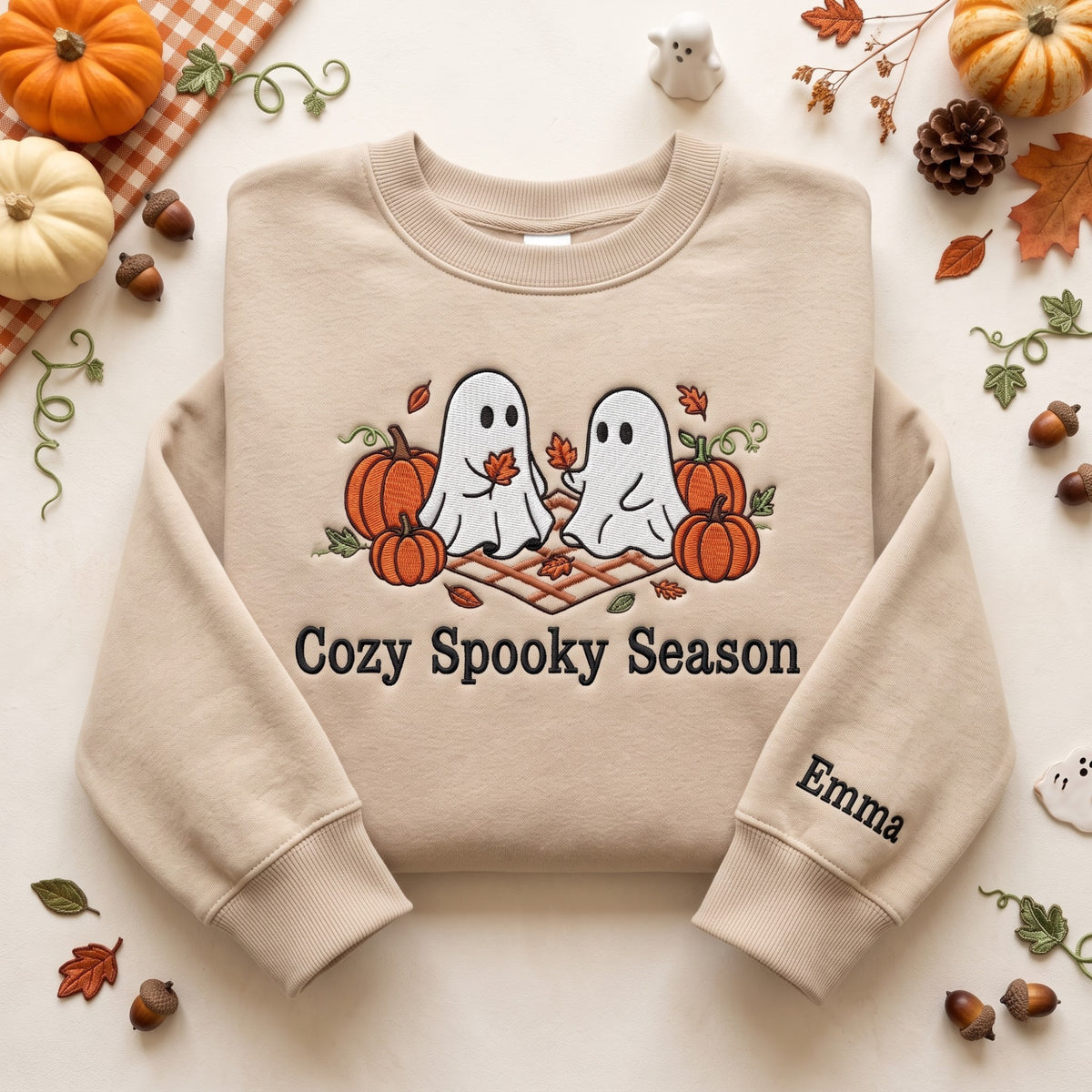 Personalized Halloween Two Ghosts Pumpkin Picnic Autumn Leaves Cozy Spooky Season embroidered sweatshirt — front view