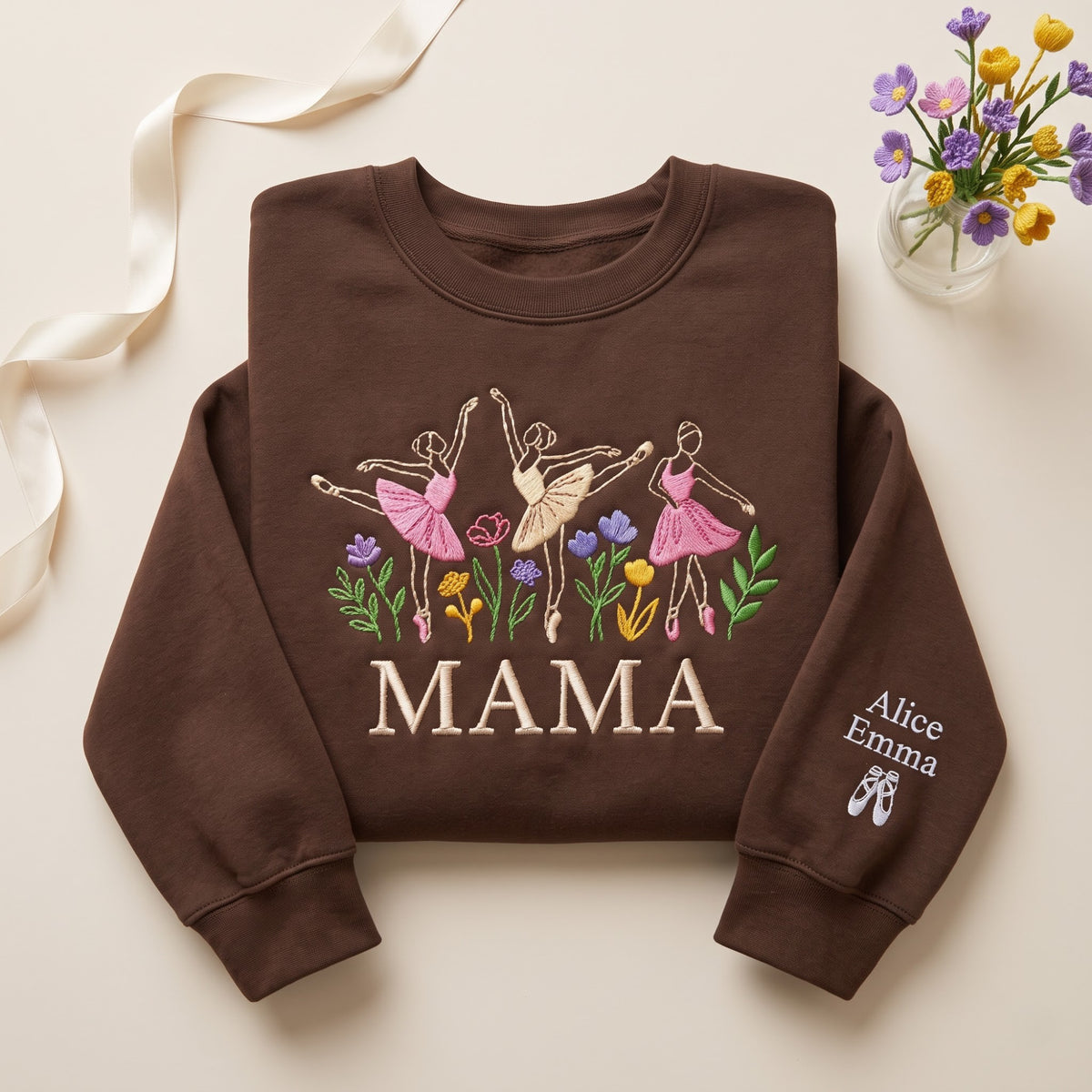 Personalized Mama Ballerina Dancers Wildflowers Kids Names Sleeve embroidered sweatshirt — front view