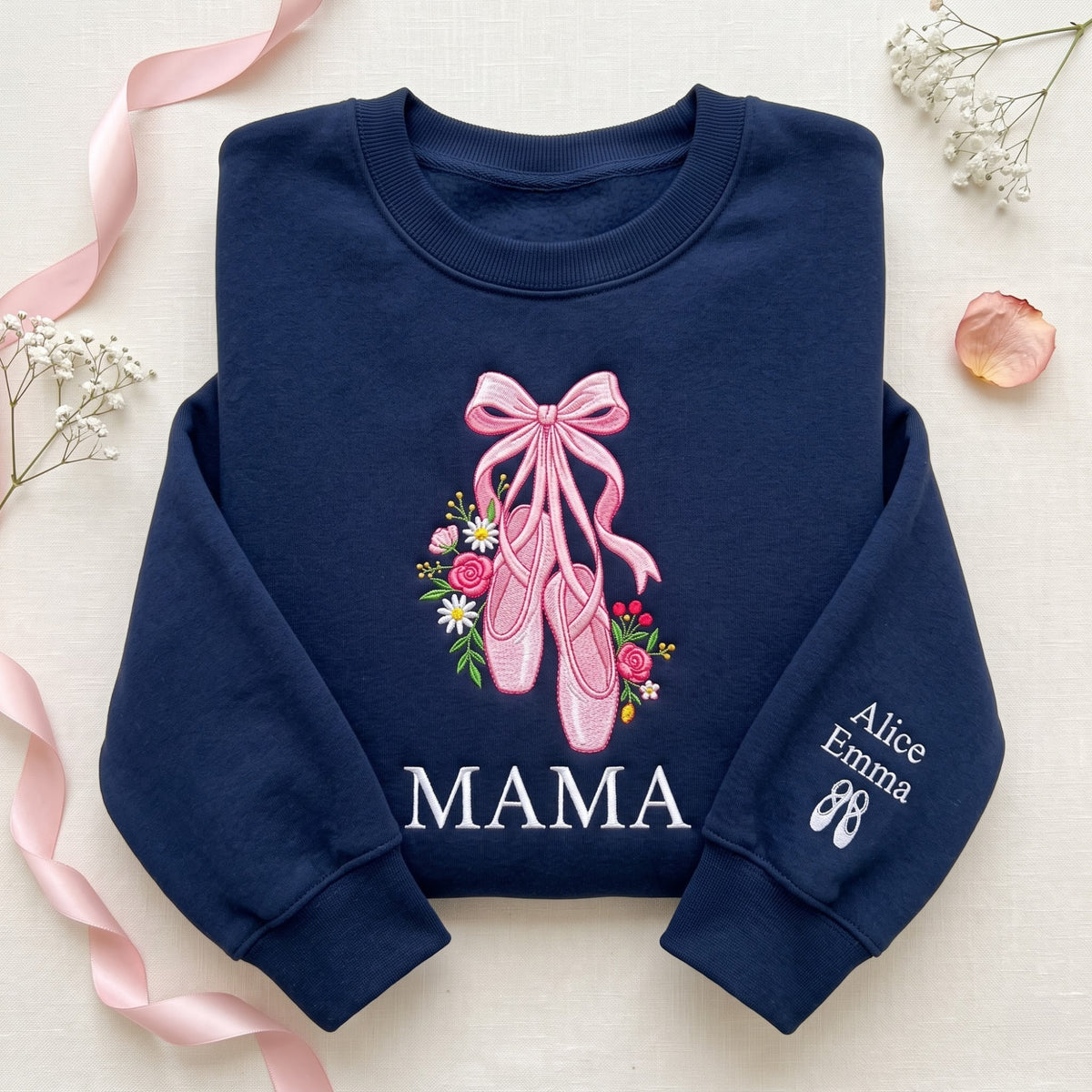 Personalized Mama Ballet Shoes Bow Floral embroidered sweatshirt — front view