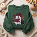 Halloween Ghost Reading Book Black Cat Autumn Leaves embroidered sweatshirt — front view