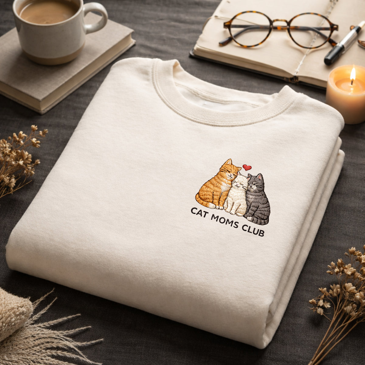 Cat Moms Club Three Cats Snuggling Heart embroidered sweatshirt — front view