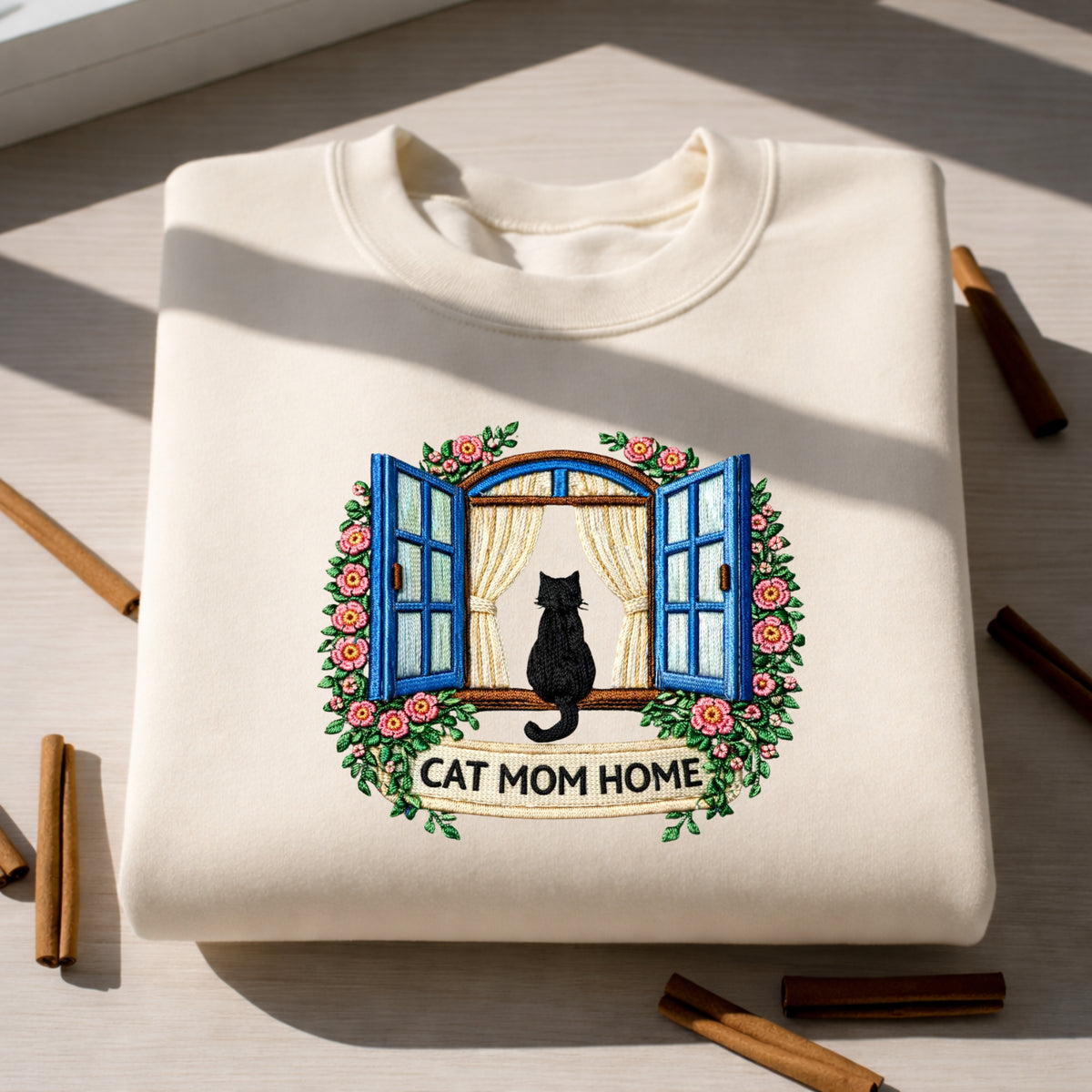 Cat Mom Home Black Cat Window Floral Wreath embroidered sweatshirt — front view