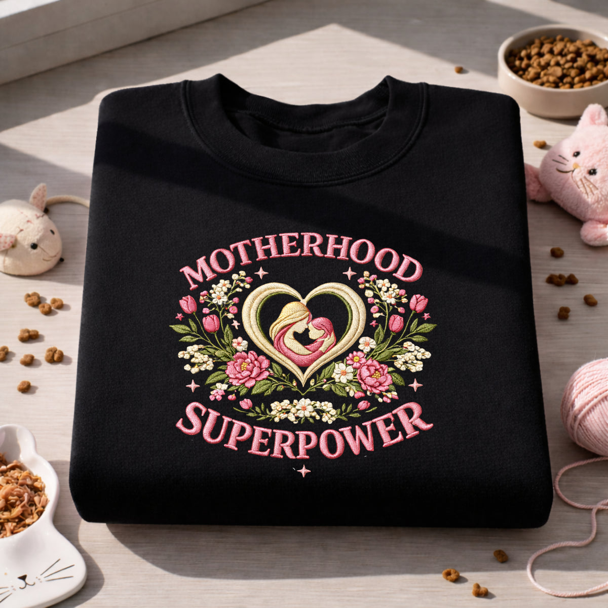 Motherhood Is My Superpower Floral Heart Mom Baby embroidered sweatshirt — front view