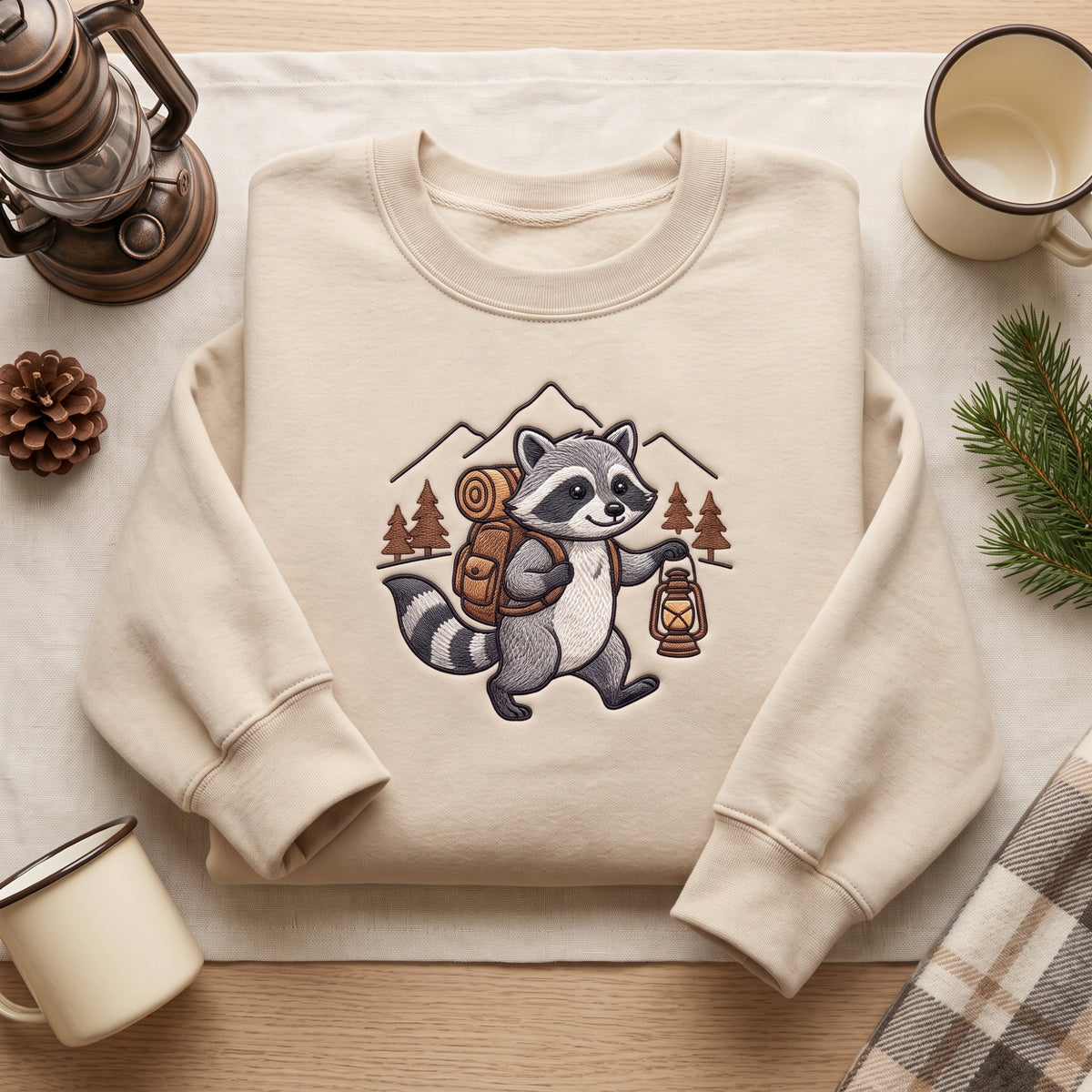 Camping Raccoon Backpack Lantern Mountain Forest Adventure embroidered sweatshirt — front view