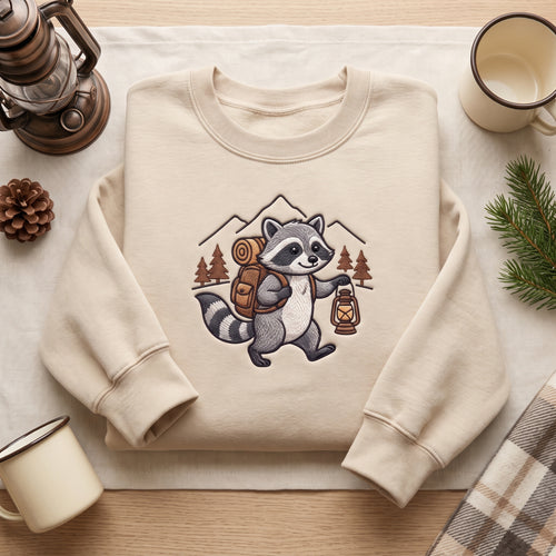 Camping Raccoon Backpack Lantern Mountain Forest Adventure embroidered sweatshirt — front view