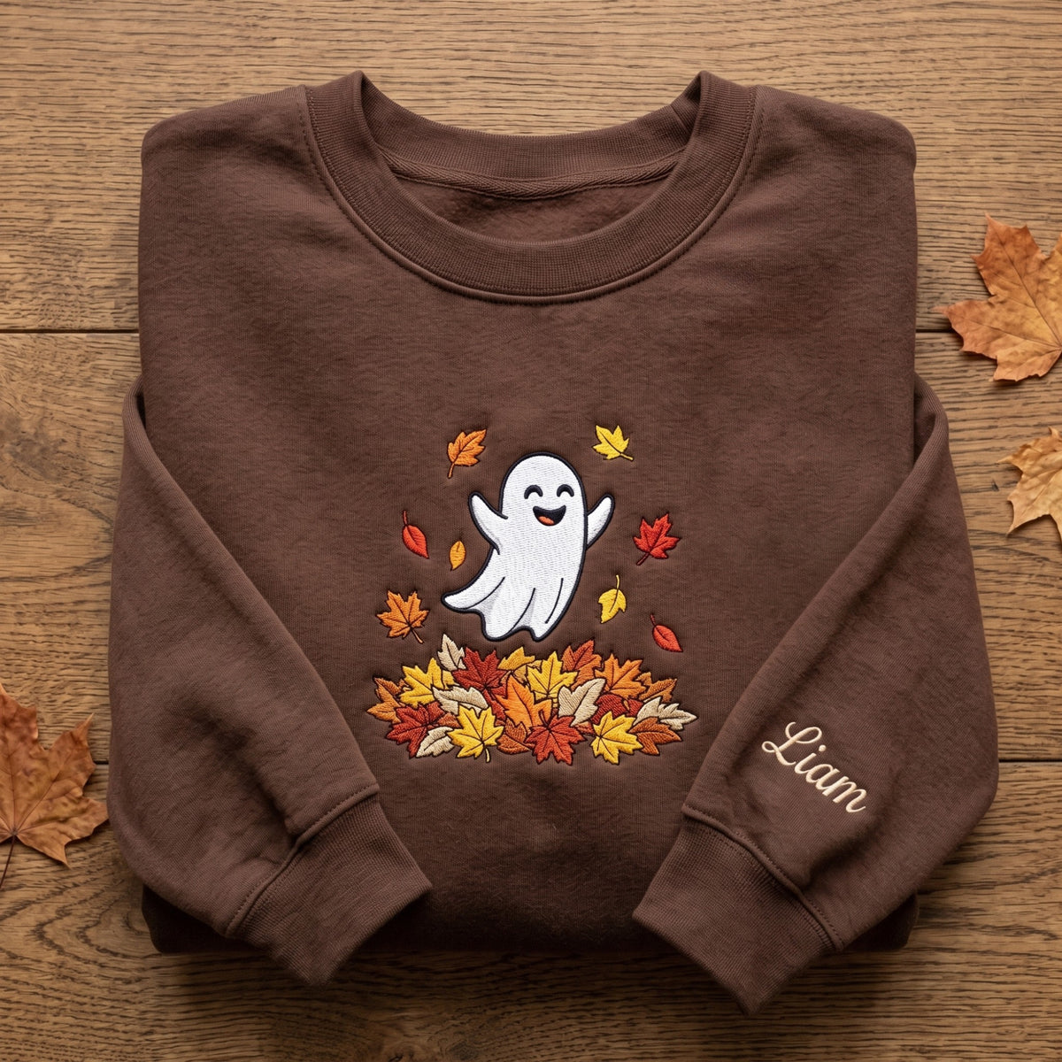 Personalized Halloween Ghost Autumn Leaf Pile Sleeve Name embroidered sweatshirt — front view