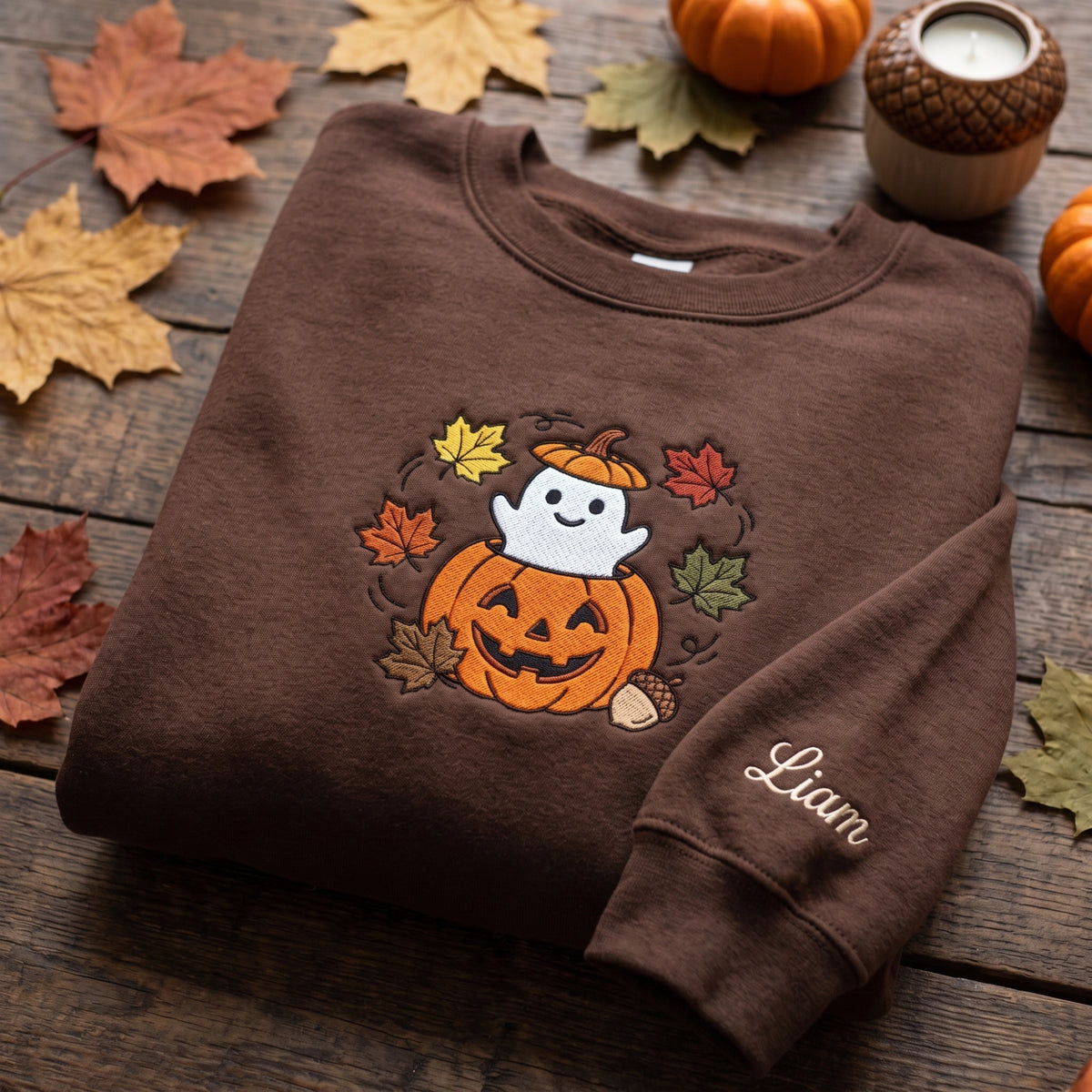 Personalized Halloween Ghost Pumpkin Jack-O-Lantern Fall Leaves Acorn embroidered sweatshirt — front view