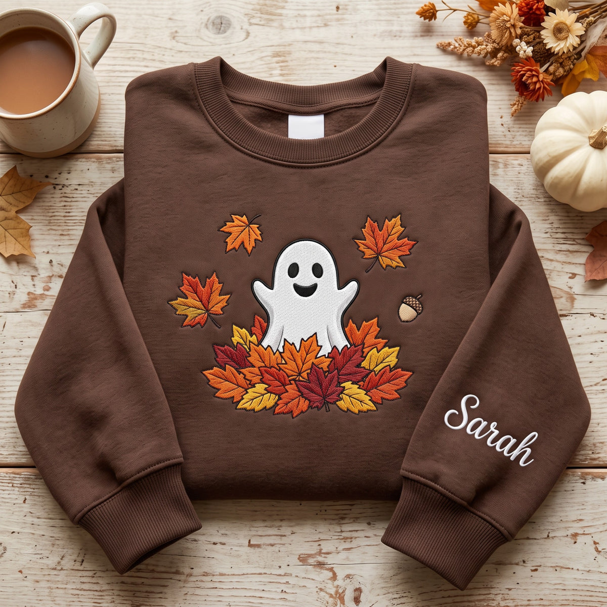 Personalized Halloween Ghost Fall Autumn Leaves Acorn embroidered sweatshirt — front view