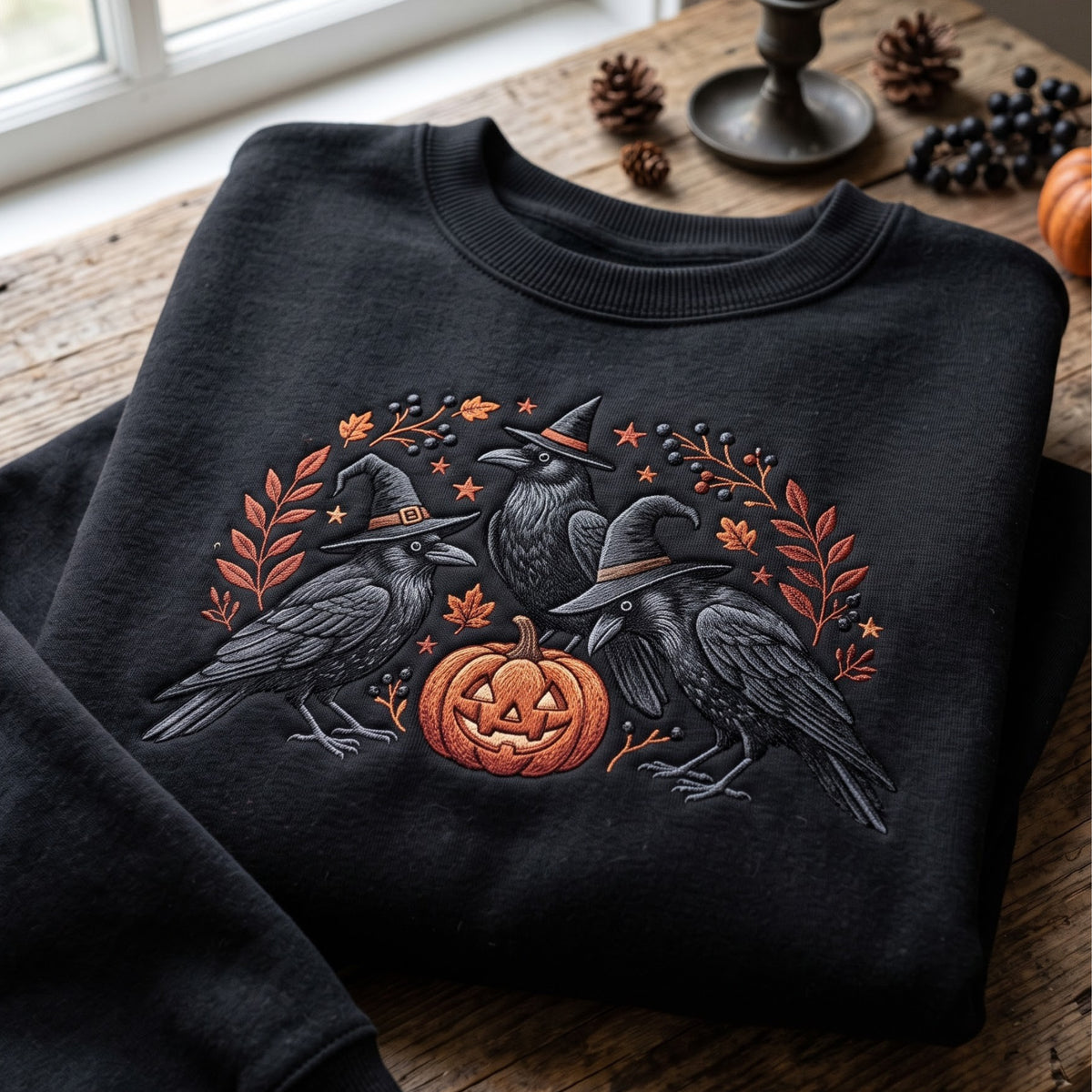 Halloween Three Ravens Witch Hats Jack-O-Lantern Autumn Botanicals embroidered sweatshirt — front view