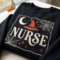 Halloween Nurse Witch Hat Spider Web Moon Bats Stars embroidered sweatshirt — front view