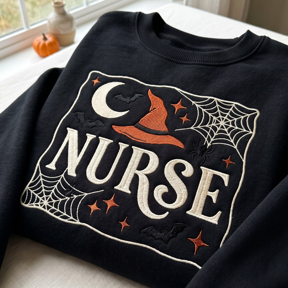 Halloween Nurse Witch Hat Spider Web Moon Bats Stars embroidered sweatshirt — front view