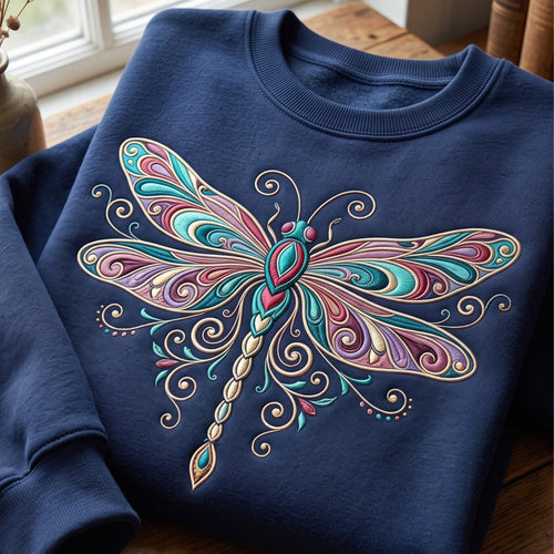 Boho Dragonfly Swirl Floral Ornate Colorful embroidered sweatshirt — front view