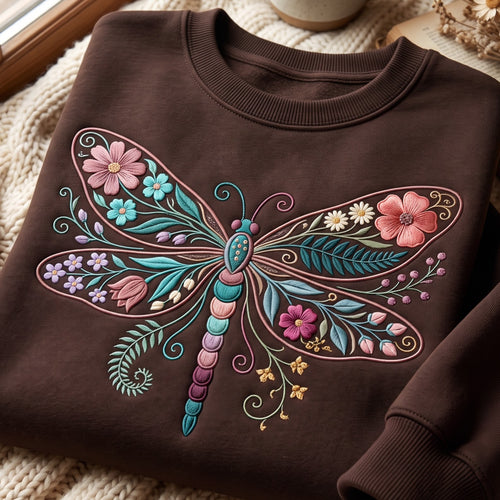 Boho Dragonfly Wildflower Botanical Wings Colorful embroidered sweatshirt — front view