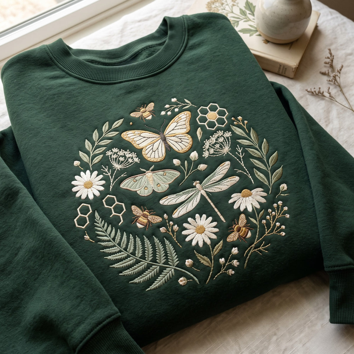 Wildflower Garden Butterfly Dragonfly Moth Bees Botanical Circle embroidered sweatshirt — front view