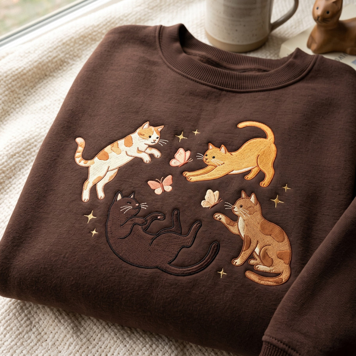 Four Cats Playing Butterflies Stars Whimsical embroidered sweatshirt — front view