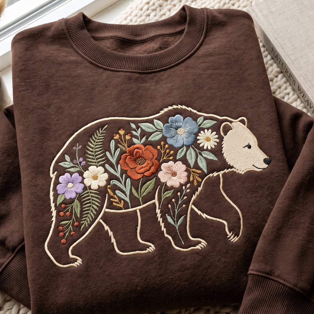 Personalized Floral Bear Wildflower Botanical Custom Name Sleeve embroidered sweatshirt — front view