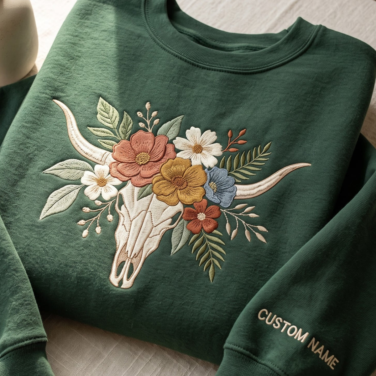 Personalized Boho Floral Bull Skull Longhorn Western Wildflowers embroidered sweatshirt — front view