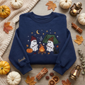 Personalized Halloween Two Ghosts Campfire Marshmallow Tent Black Cat Pumpkin Moon Stars embroidered sweatshirt — front view