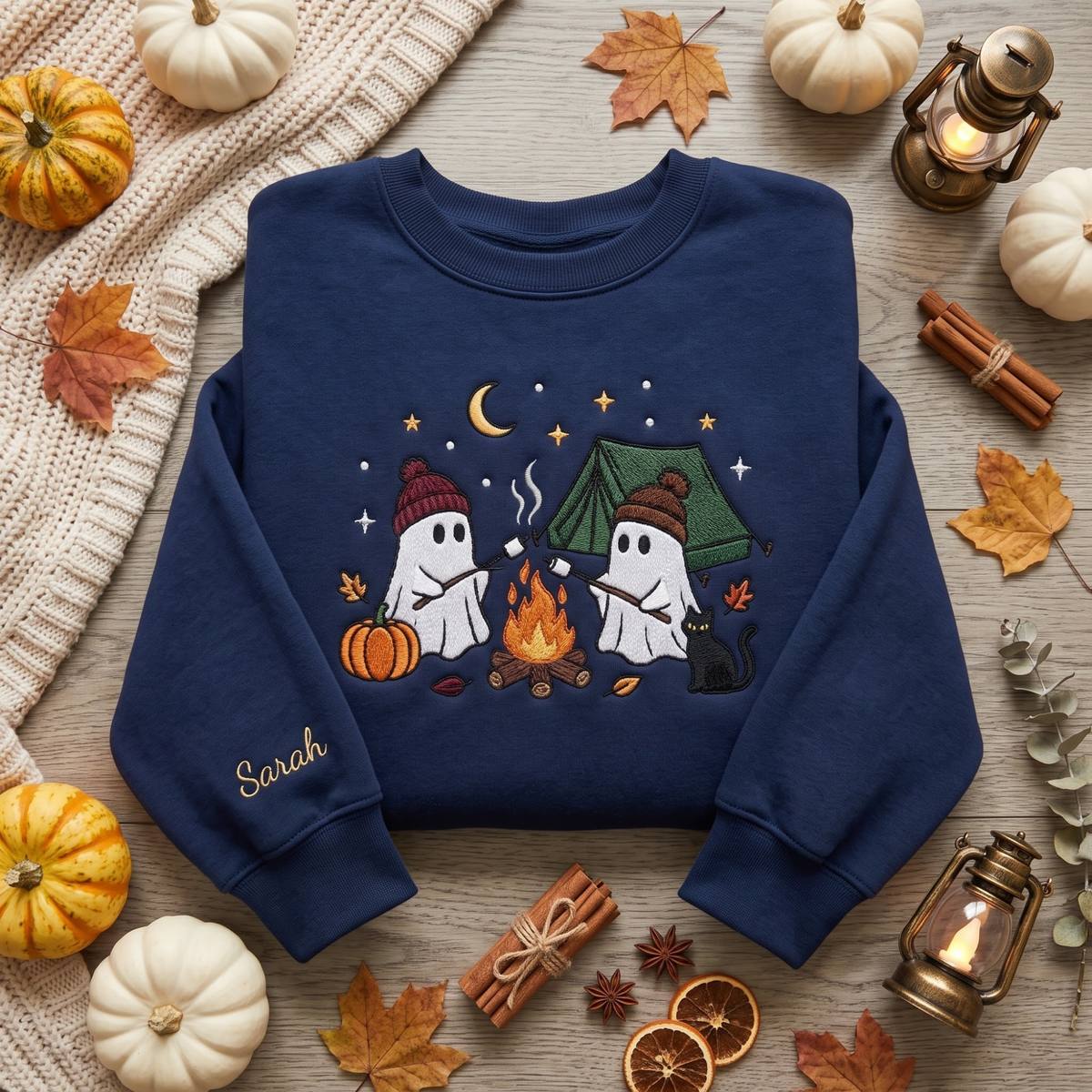 Personalized Halloween Two Ghosts Campfire Marshmallow Tent Black Cat Pumpkin Moon Stars embroidered sweatshirt — front view