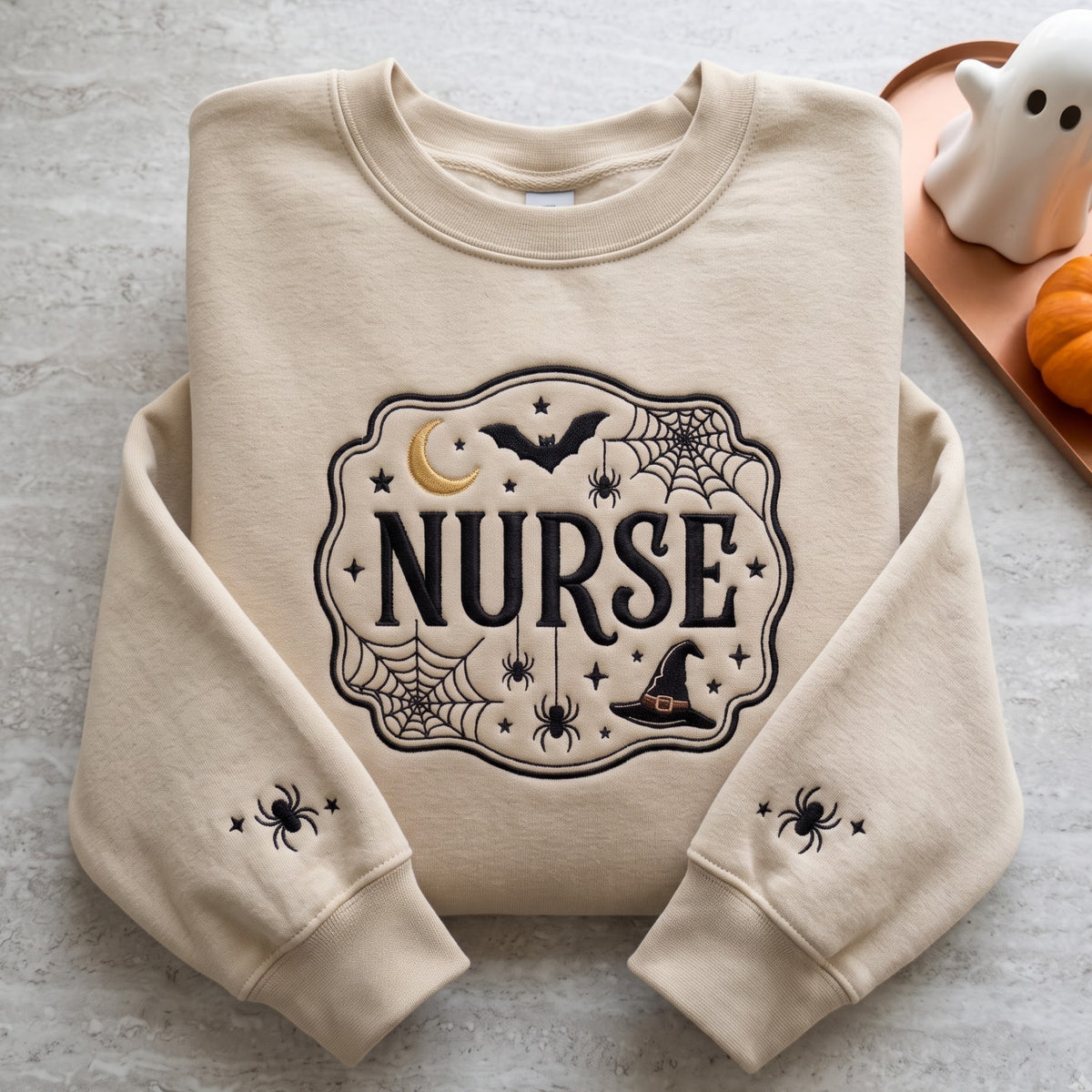 Halloween Nurse Witch Hat Spider Web Moon Crescent Victorian Badge Sleeve Spiders embroidered sweatshirt — front view