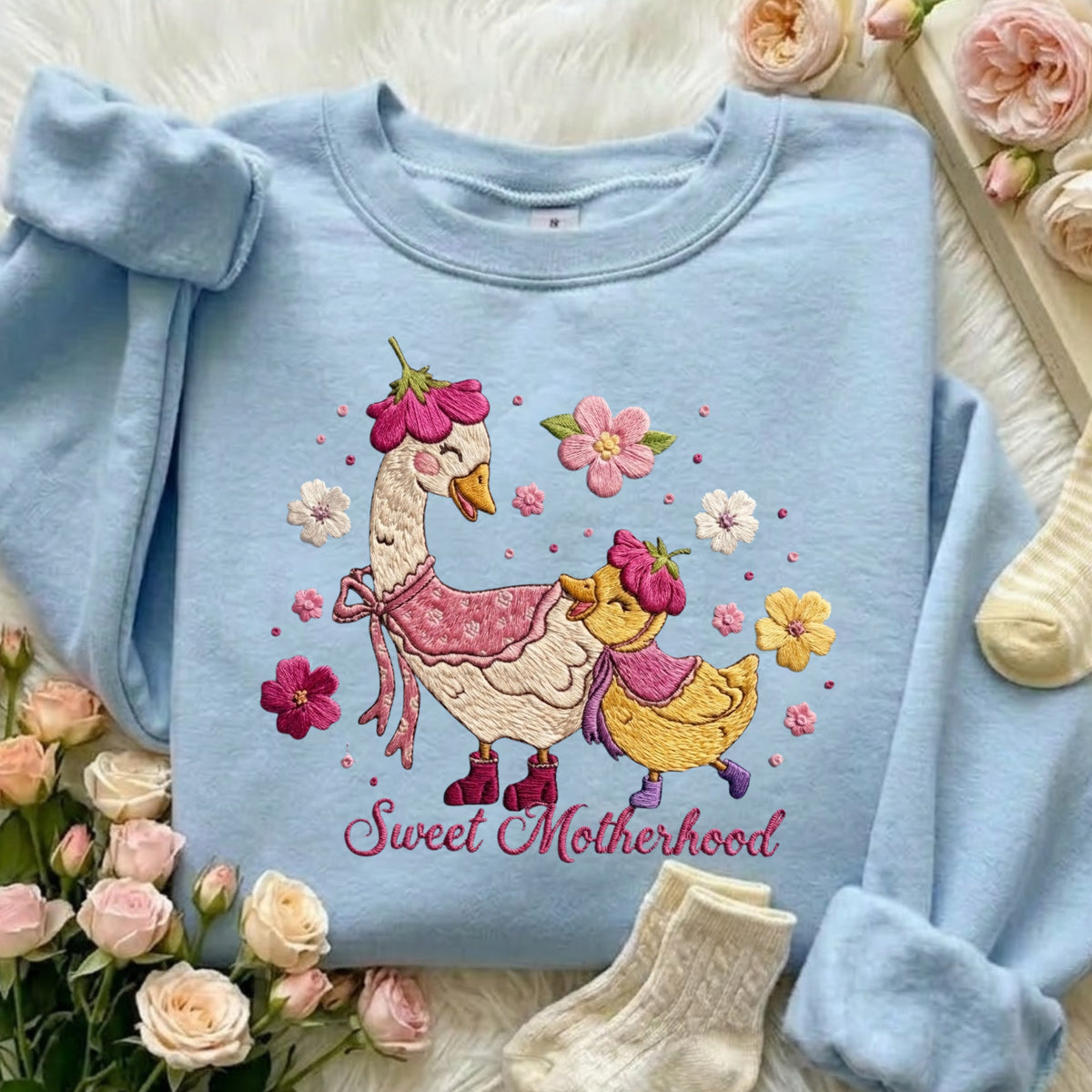 Sweet Motherhood Goose Duck Floral Boots embroidered sweatshirt — front view