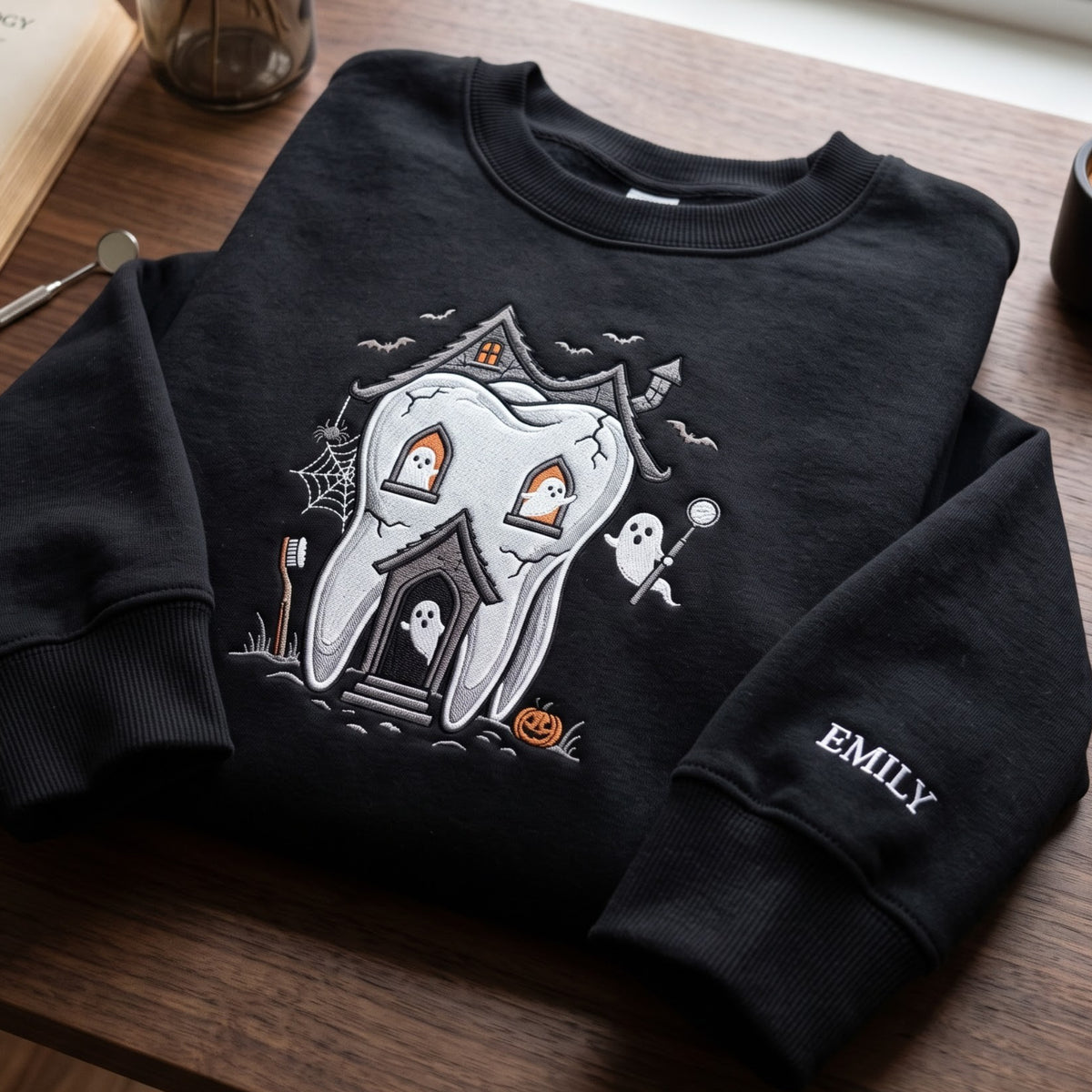Personalized Halloween Haunted Tooth Dentist Ghost Pumpkin Bats embroidered sweatshirt — front view