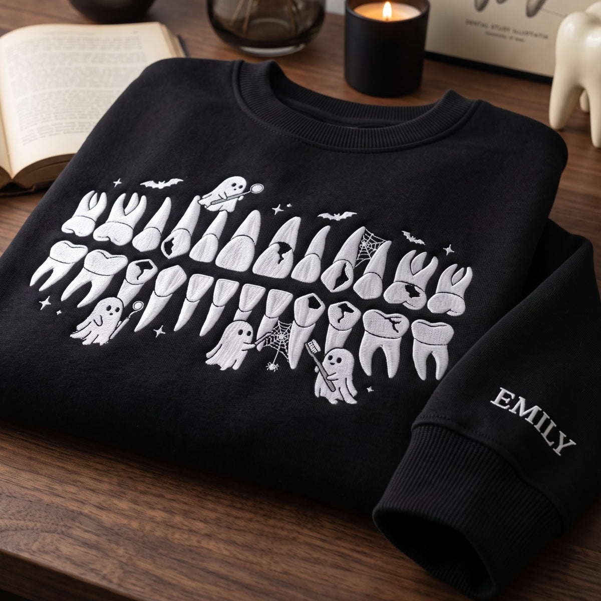 Personalized Halloween Dental Teeth Anatomy Ghost Bats Spider Web embroidered sweatshirt — front view