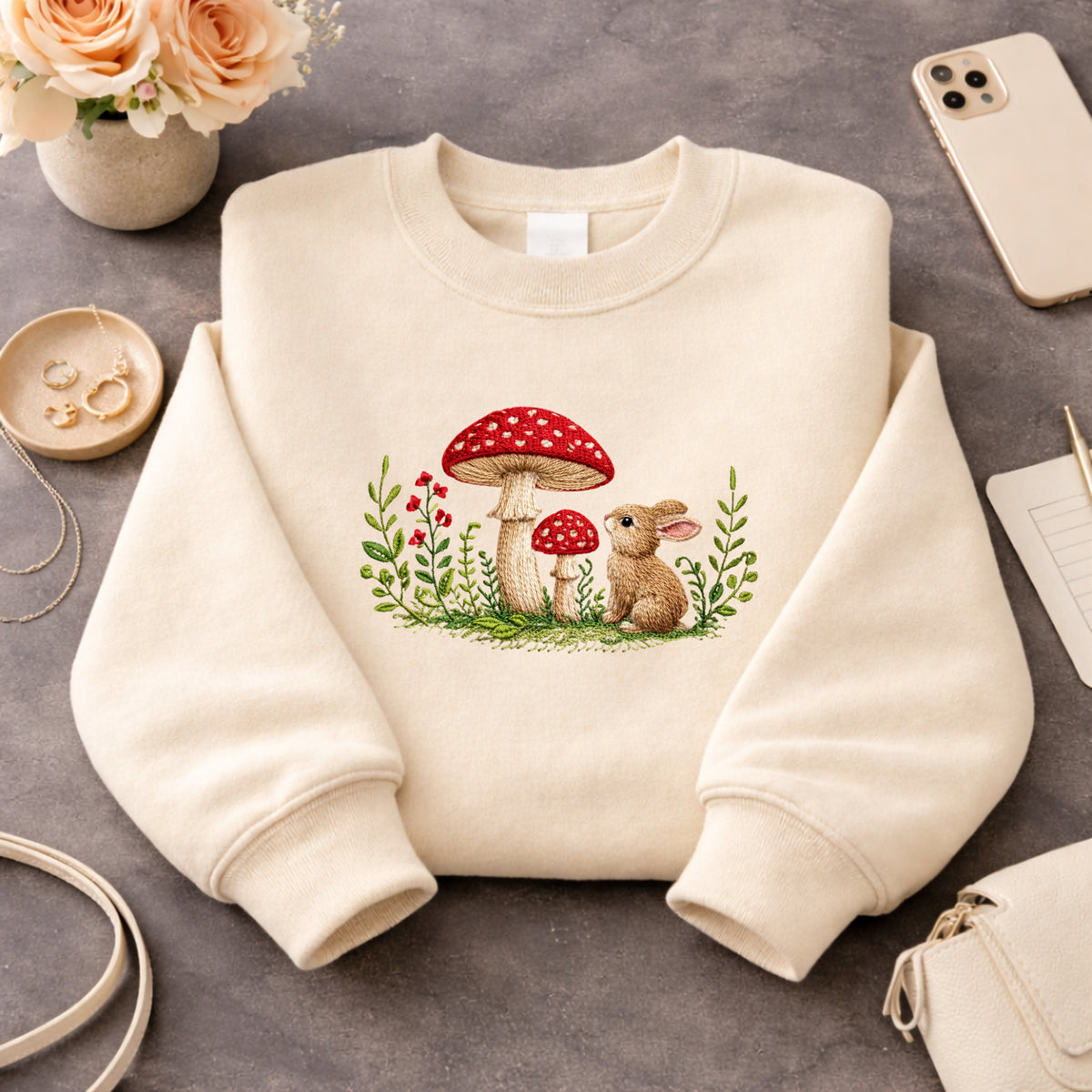 Cottagecore Mushroom Bunny Wildflowers Botanical embroidered sweatshirt — front view