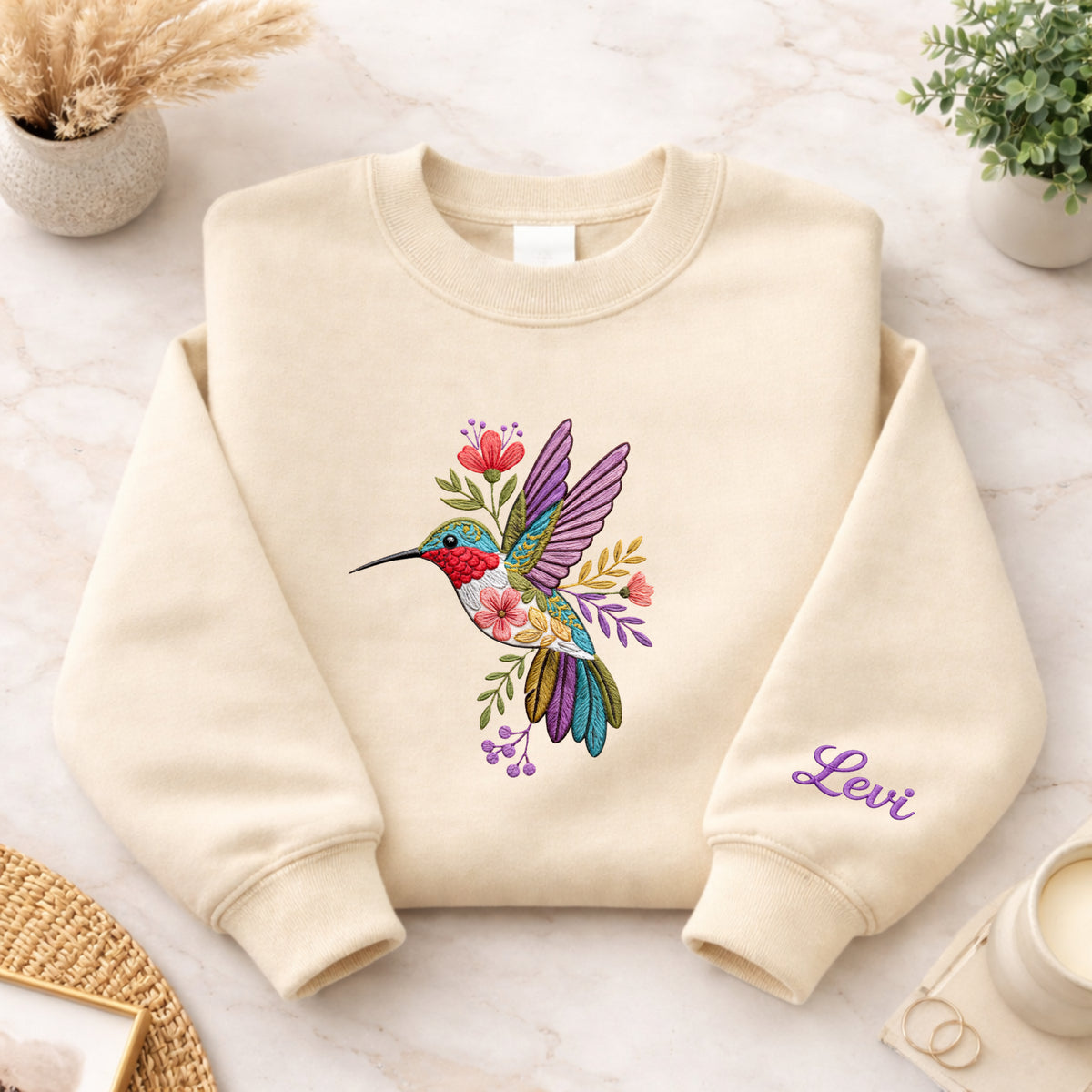 Personalized Hummingbird Wildflower Floral Botanical Sleeve Name embroidered sweatshirt — front view