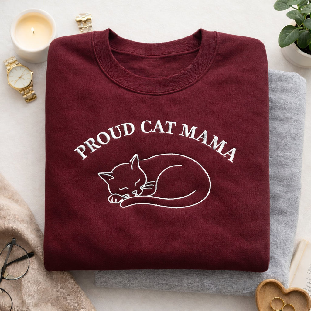 Proud Cat Mama Sleeping Cat Minimalist Line Art embroidered sweatshirt — front view