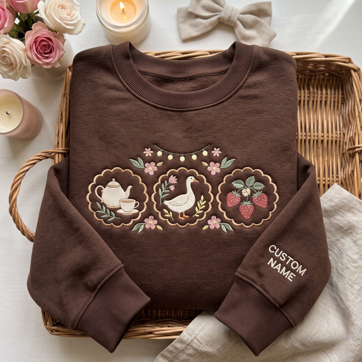 Personalized Cottagecore Goose Tea Set Strawberry Scallop Medallion Custom Name Sleeve embroidered sweatshirt — front view