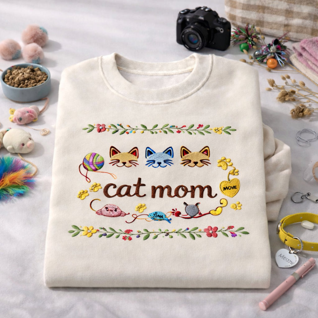 Personalized Cat Mom Floral Border Three Cats Yarn Ball embroidered sweatshirt — front view