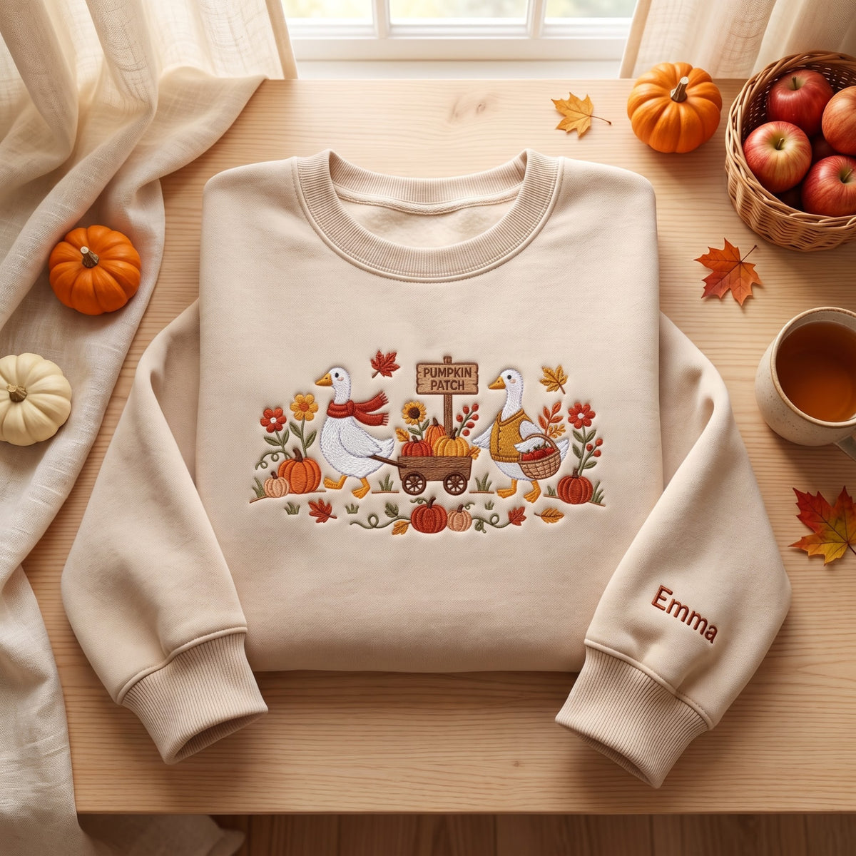 Personalized Fall Geese Pumpkin Patch Wagon Harvest Flowers embroidered sweatshirt — front view