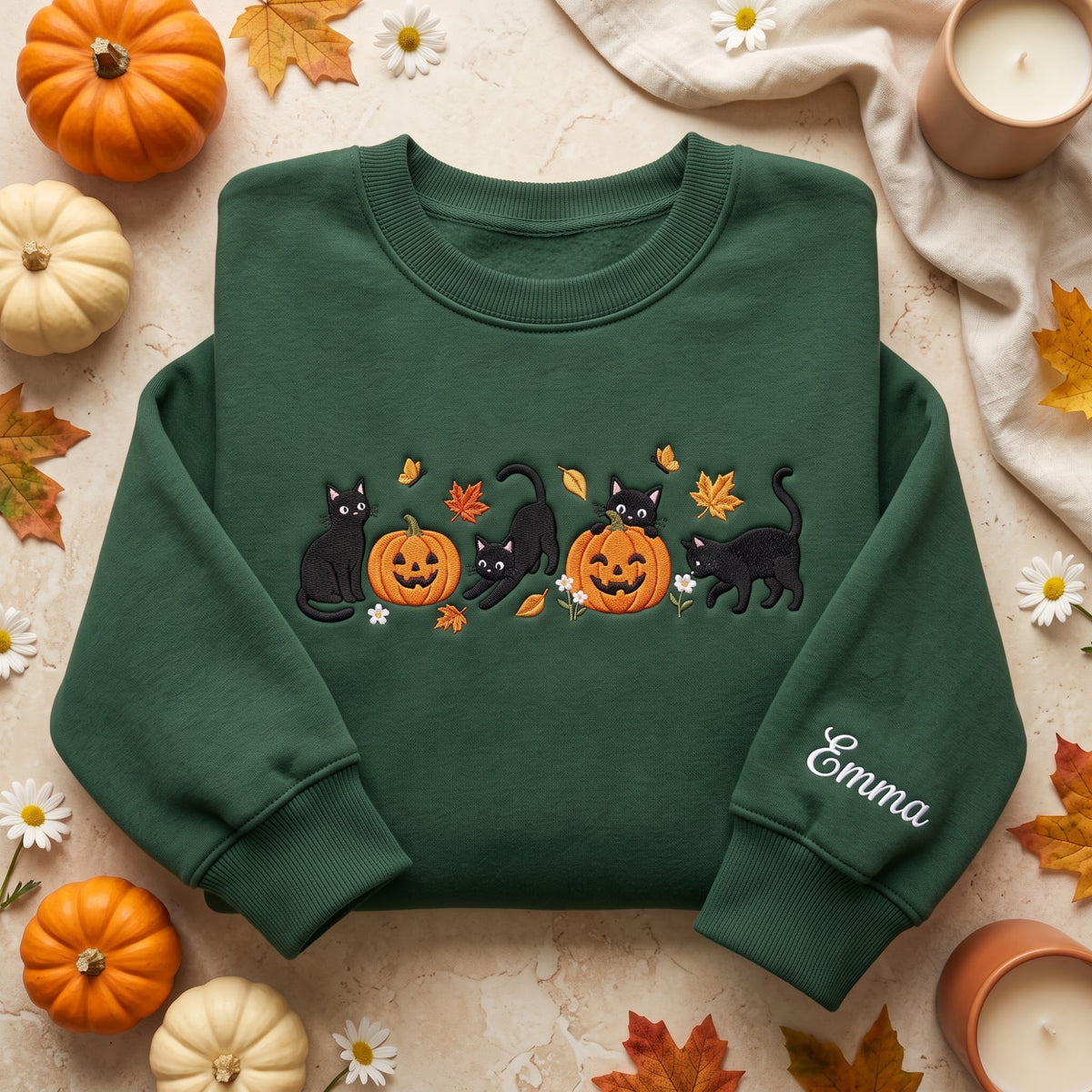 Personalized Halloween Black Cats Jack-O-Lantern Pumpkins Fall Leaves embroidered sweatshirt — front view